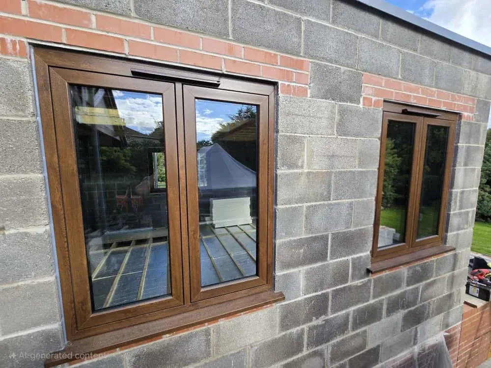 Blockwork with oak-coloured windows installed Blockwork with oak-coloured windows installed