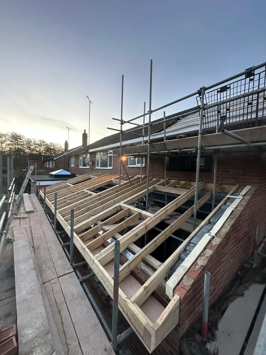 New roof joists on the New Haw extension, seen from the scaffold New roof joists on the New Haw extension, seen from the scaffold